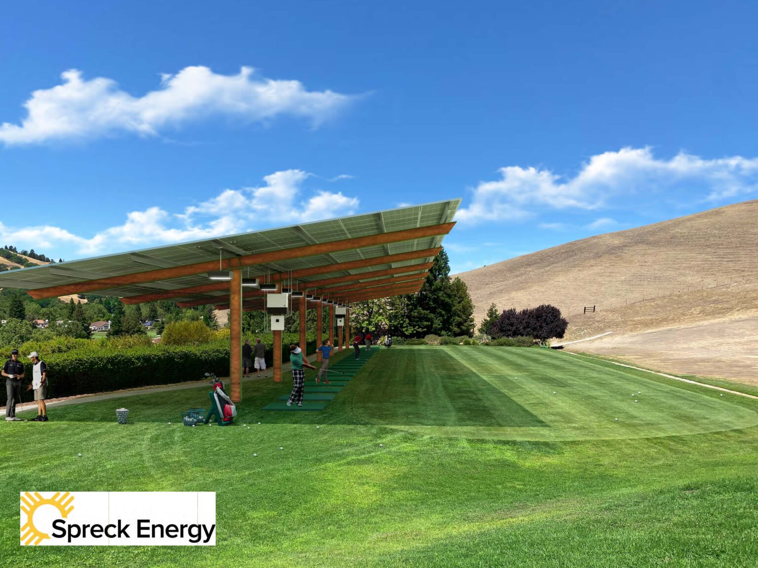 Image of a solar canopy above driving range stalls
